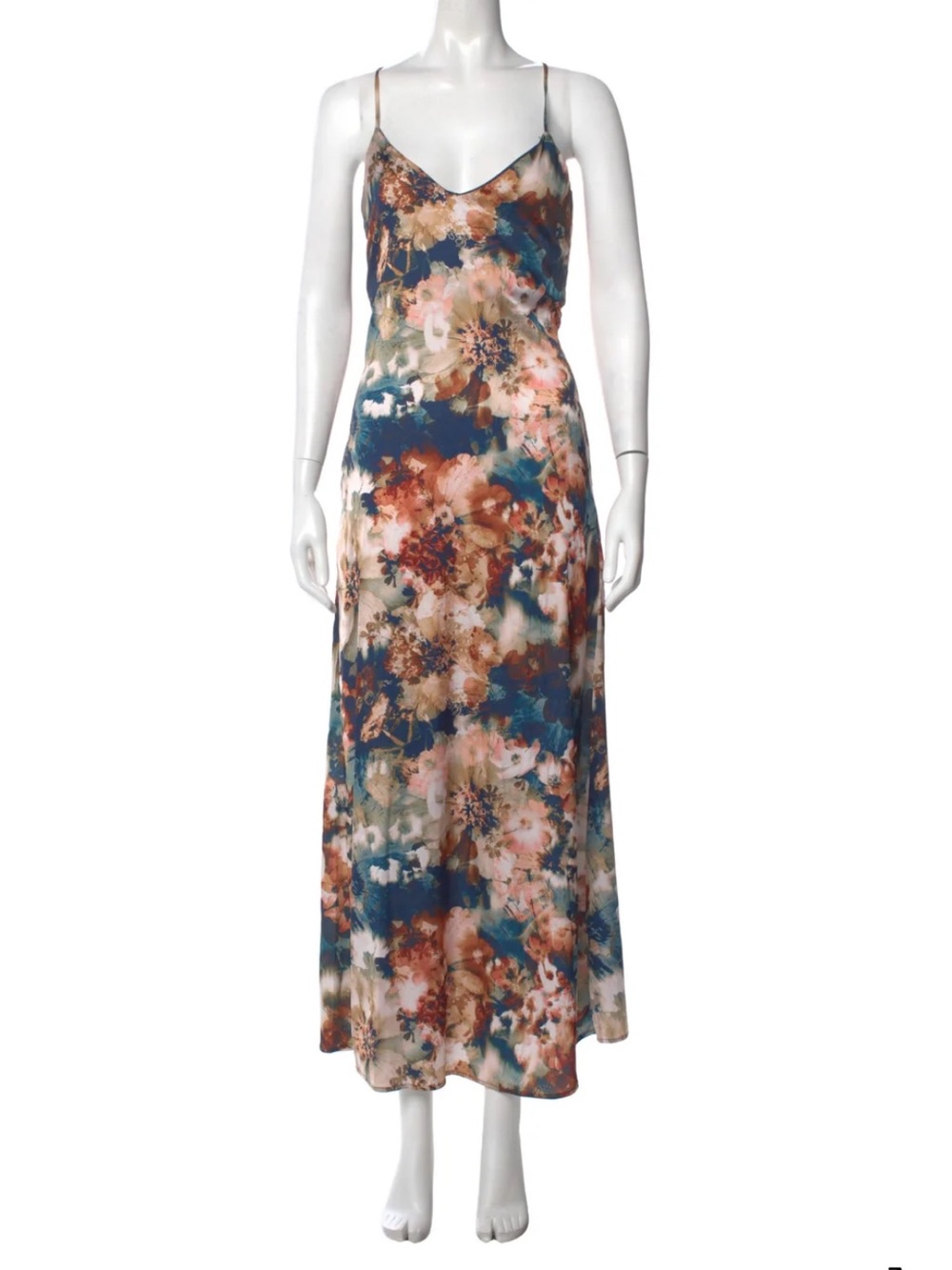 Nicole Miller Floral Satin Slip Maxi Dress - Teal, Blush, Rust - NWT